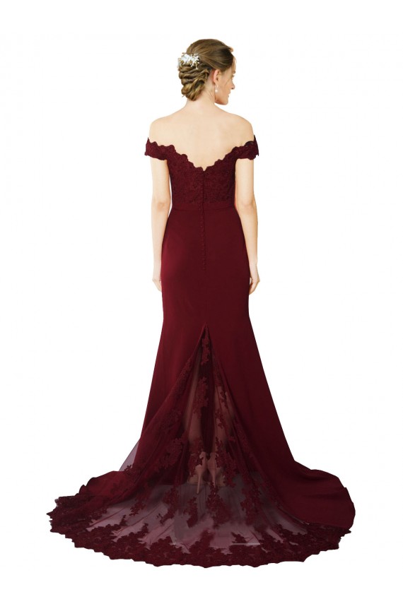 Outlet Full Length Off the Shoulder Formal Crepe Prom Dress with Lace On Bodice and Back UK