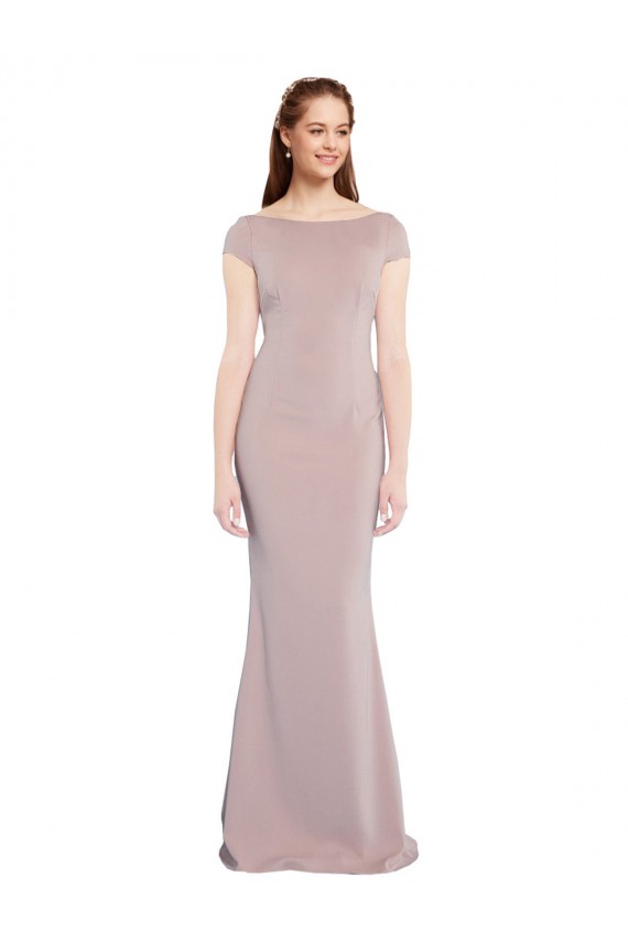 Outlet Boat Neck Cap Sleeve Crepe Prom Dress with Plunging Tie Back UK