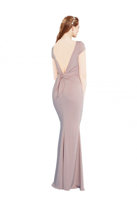 Outlet Boat Neck Cap Sleeve Crepe Prom Dress with Plunging Tie Back UK