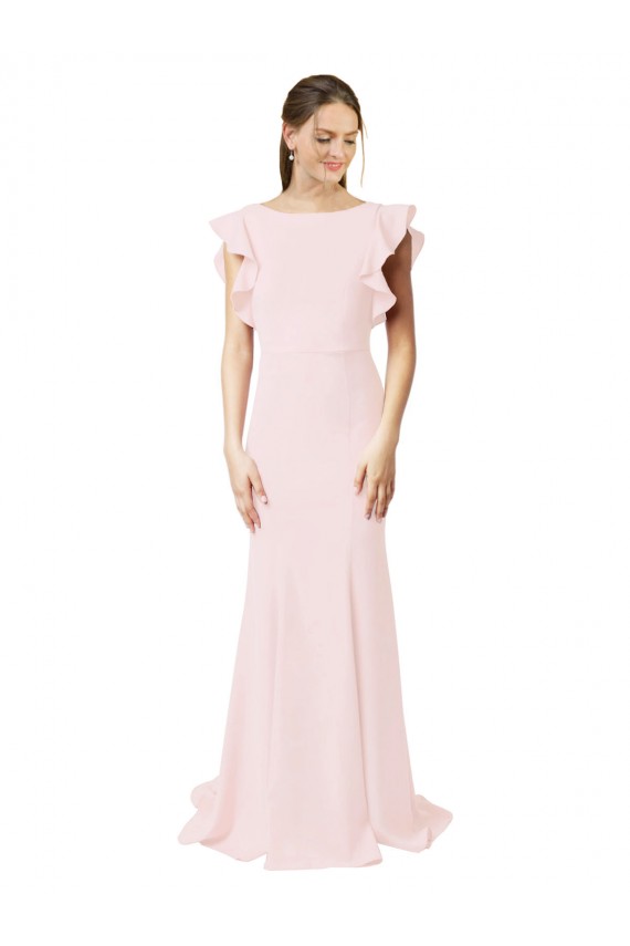 Outlet Low V-Back Long Mermaid Crepe Prom Dress with Ruffled Sleeves UK