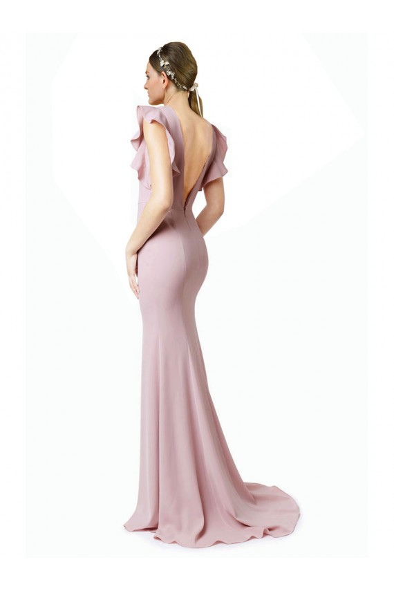 Outlet Low V-Back Long Mermaid Crepe Prom Dress with Ruffled Sleeves UK