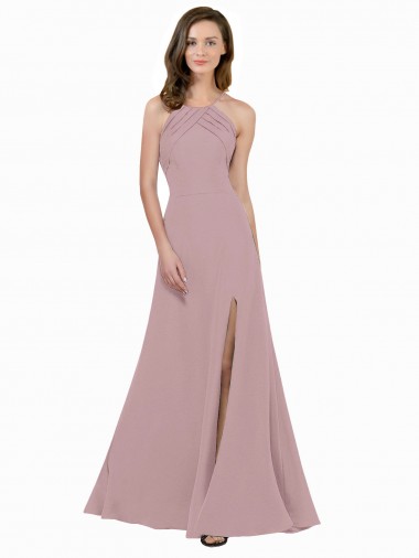 Outlet High Neck Crepe Prom Dress with Pleats and Keyhole Back UK