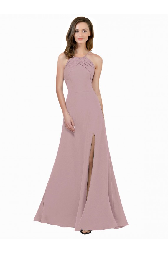 Outlet High Neck Crepe Prom Dress with Pleats and Keyhole Back UK