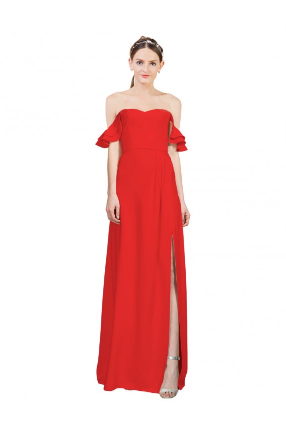 Outlet Double Ruffle Flounce Sleeves Crepe Prom Dress with Slit UK