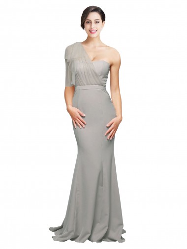 Outlet Long Sweep Train Sweetheart Crepe Prom Dress with Tulle One Shoulder UK