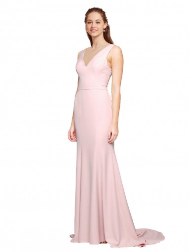 Outlet Deep V-Neckline and Back Long Sweep Train Crepe Prom Dress with Shoulder Straps UK