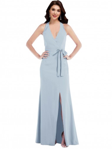 Outlet Open Back Halter Maxi Crepe Prom Dress with Draped Bow UK