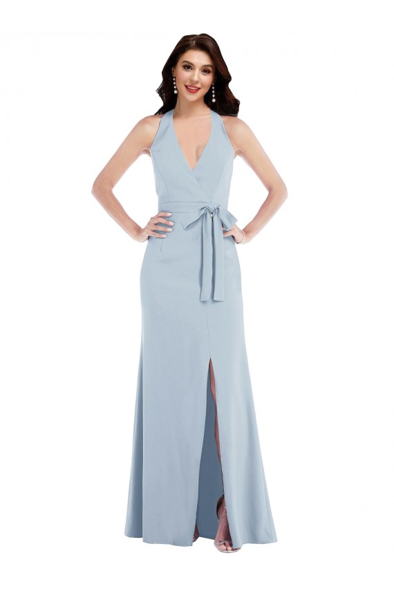Outlet Open Back Halter Maxi Crepe Prom Dress with Draped Bow UK