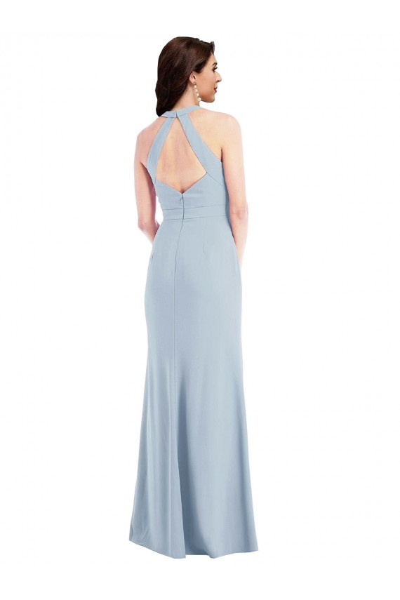 Outlet Open Back Halter Maxi Crepe Prom Dress with Draped Bow UK
