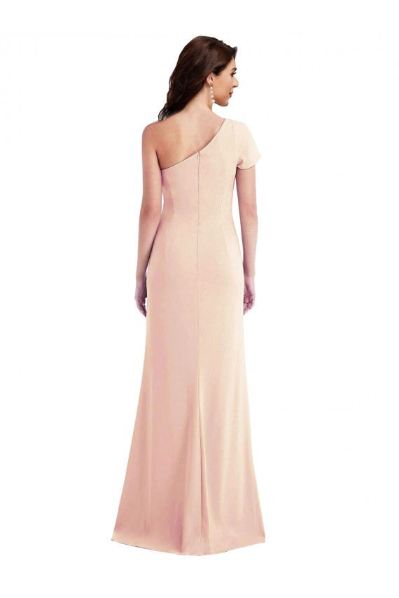 Outlet One Shoulder Cap Sleeves Trumpet Crepe Prom Dress with Front Slit UK