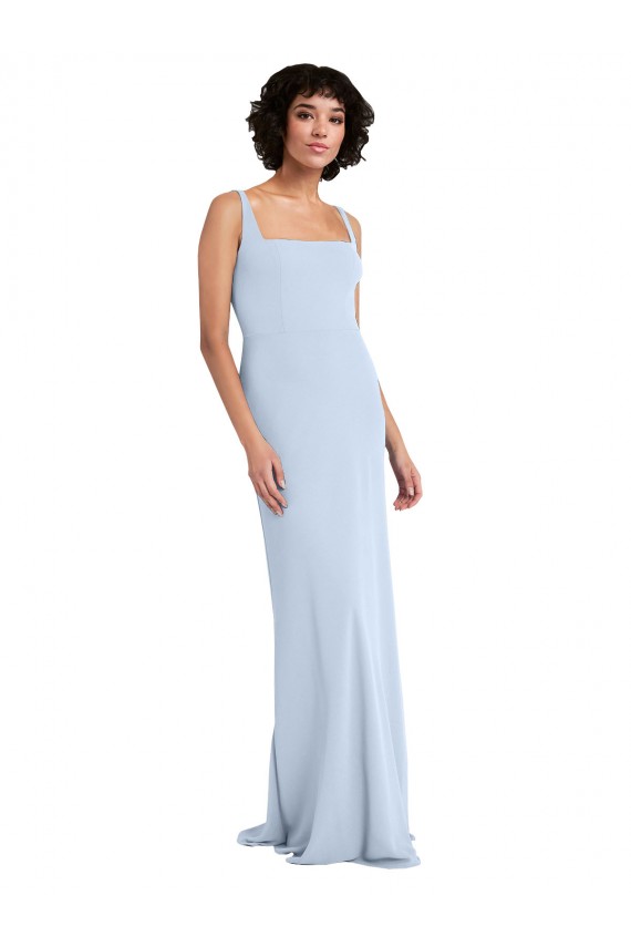 Outlet Slim Square Neck Fit and Flare Full Length Stretch Crepe Prom Dress UK