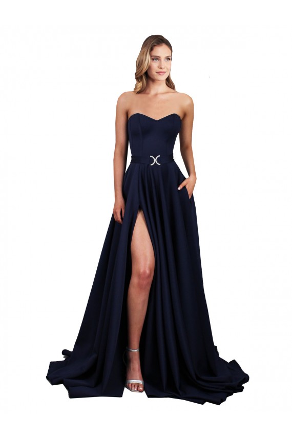 Outlet Sweetheart Neckline Low Back Long Crepe Prom Dress with High Leg Spit & Pockets UK