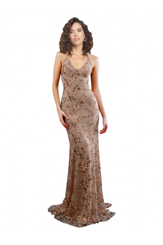 Outlet Floral Patterned Backless V-Neckline Sequin Prom Dress UK