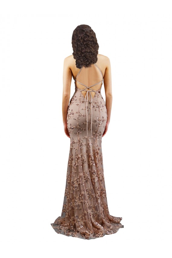 Outlet Floral Patterned Backless V-Neckline Sequin Prom Dress UK