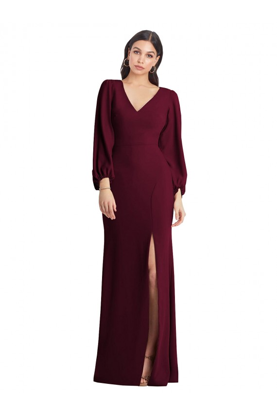 Outlet Long Puff Sleeve V-Neck Trumpet Maxi Prom Dress UK