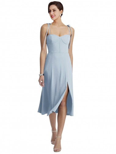 Outlet Midi Cocktail Length Bustier Crepe Prom Dress with Back Bow Straps UK