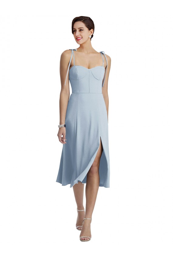 Outlet Midi Cocktail Length Bustier Crepe Prom Dress with Back Bow Straps UK