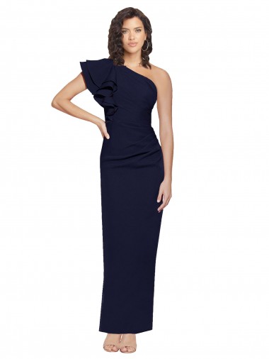 Outlet Ruched Floor Length Long Crepe Prom Dress with Shoulder Ruffles UK
