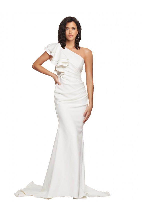 Outlet Ruched Long Sweep Train Crepe Prom Dress with Shoulder Ruffles UK