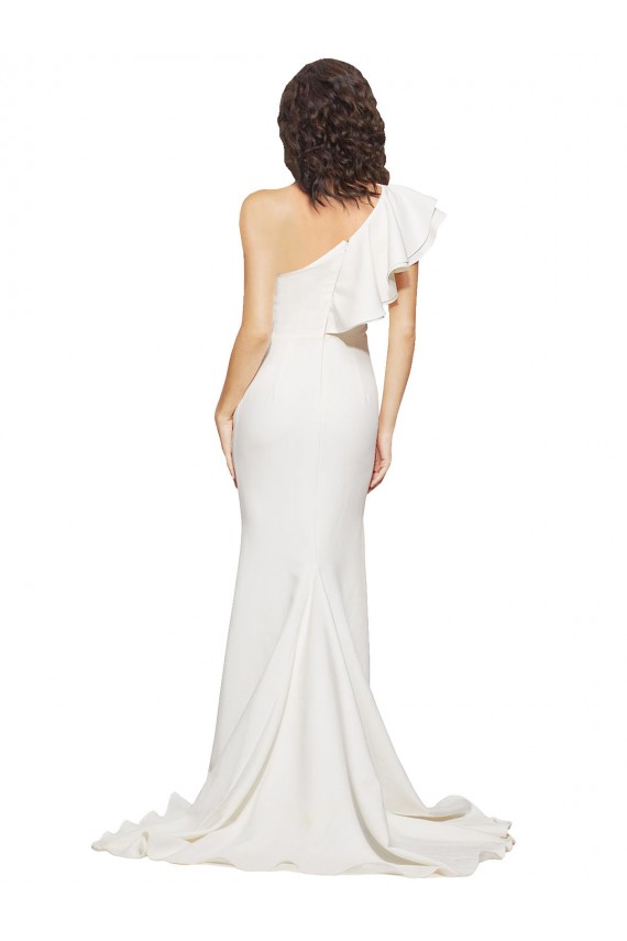 Outlet Ruched Long Sweep Train Crepe Prom Dress with Shoulder Ruffles UK