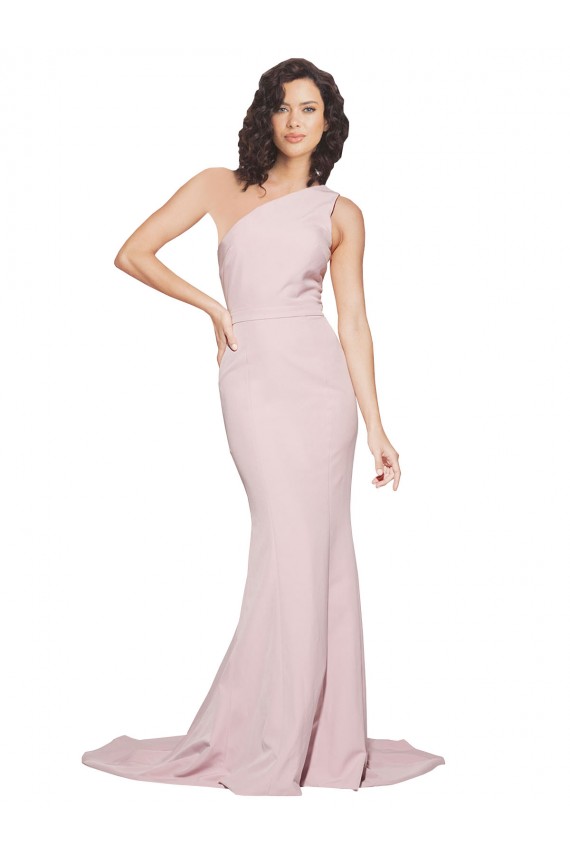 Outlet Long Sweep Train One Shoulder Crepe Prom Dress with Side Leg Split UK