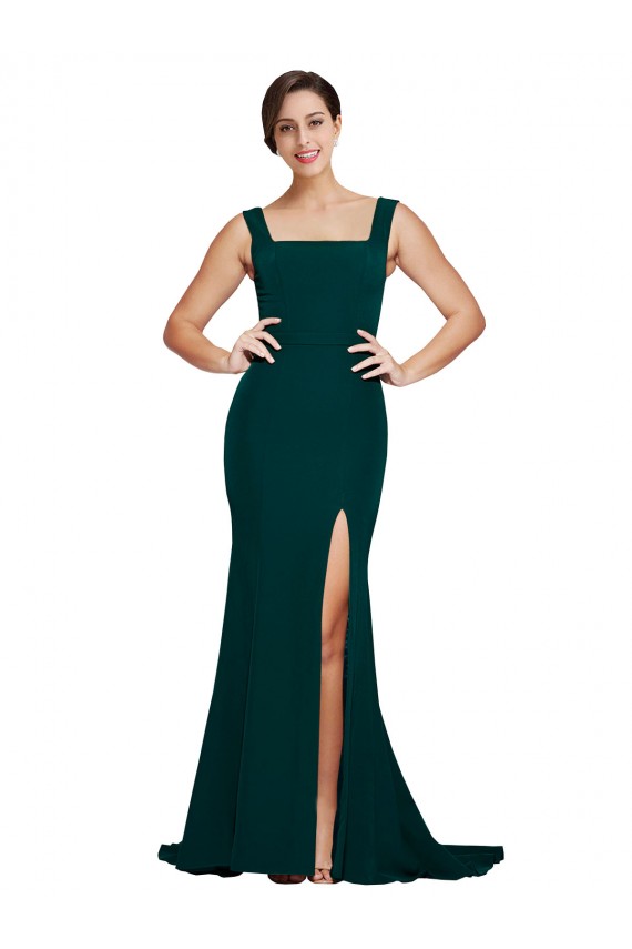 Outlet Fitted Square Neck Long Crepe Prom Dress with Train and Side Split UK
