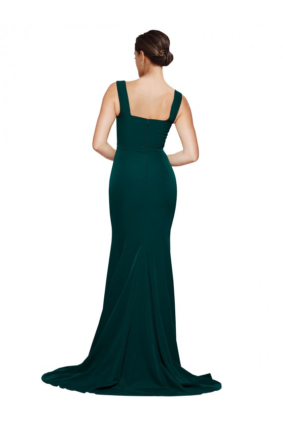 Outlet Fitted Square Neck Long Crepe Prom Dress with Train and Side Split UK