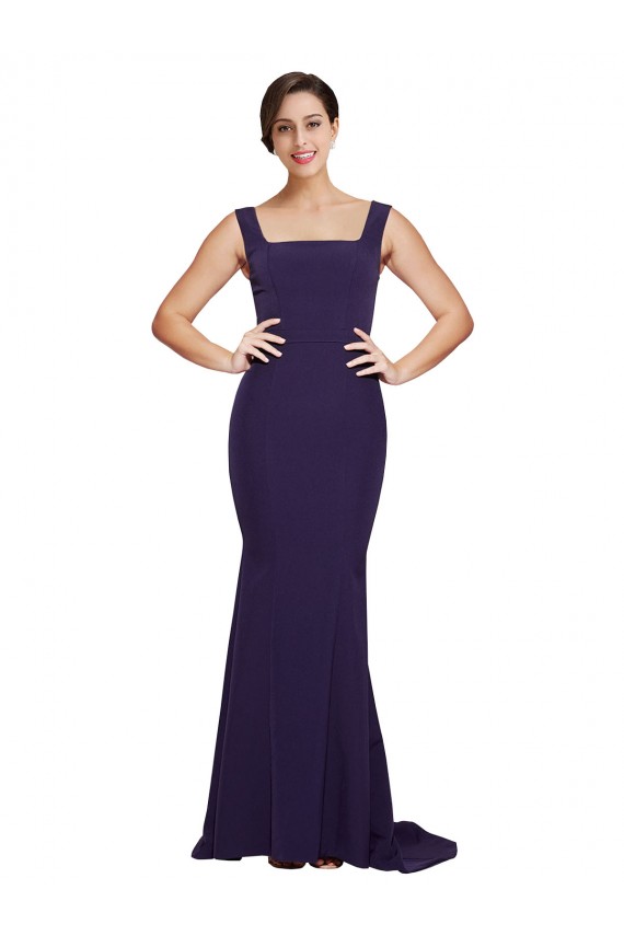 Outlet Square Neck Long Sweep Train Crepe Prom Dress with Thick Straps UK