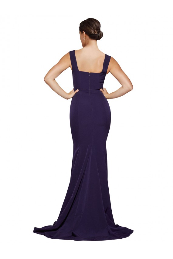 Outlet Square Neck Long Sweep Train Crepe Prom Dress with Thick Straps UK