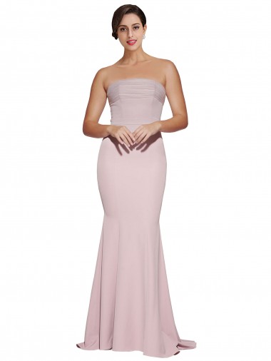 Outlet Straight Neck Long Strapless Crepe Prom Dress with Soft Tulle Overlay and Small Train UK
