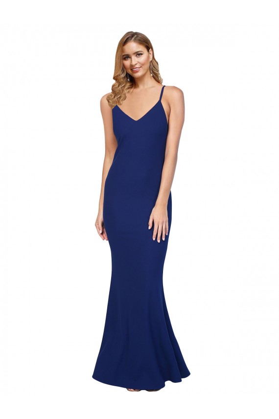 Outlet Full Length V-Neckline Crepe Prom Dress with Thin Straps and Fulted Skirt UK