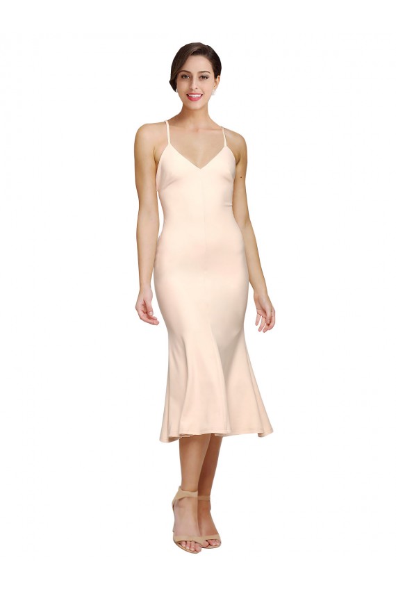 Outlet Midi Length V-Neckline Crepe Cocktail Prom Dress / Homecoming Dress with Thin Straps and Fulted Skirt UK
