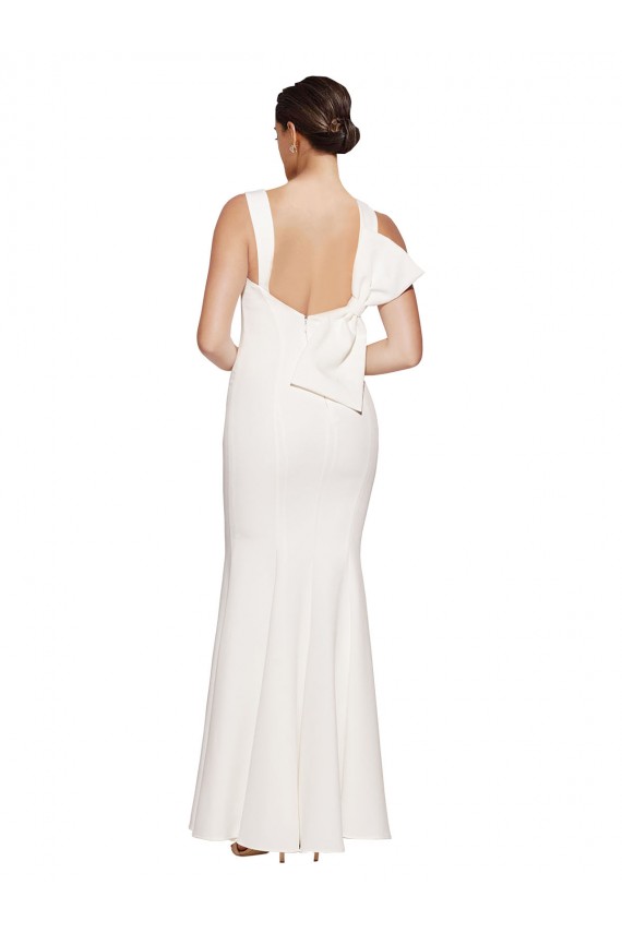 Outlet Full Length Square Neck Crepe Prom Dress with Asymmetrical Straps and Bow Back UK