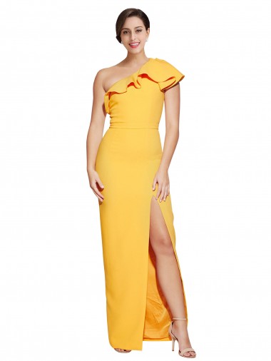Outlet One Shoulder Floor Length Crepe Prom Dress with Thigh High Split UK