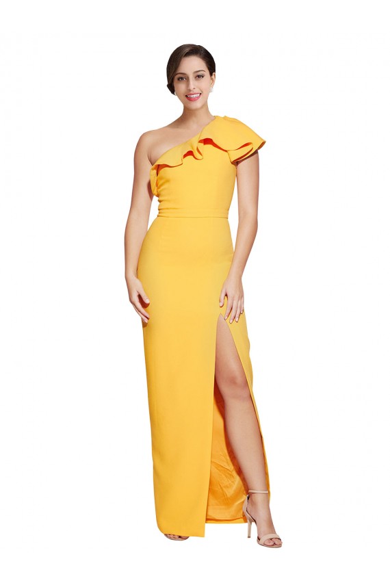 Outlet One Shoulder Floor Length Crepe Prom Dress with Thigh High Split UK