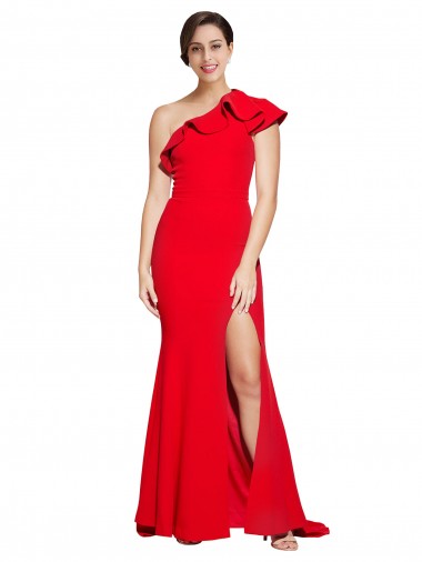 Outlet One Shoulder Long Sweep Train Crepe Prom Dress with Thigh High Split UK