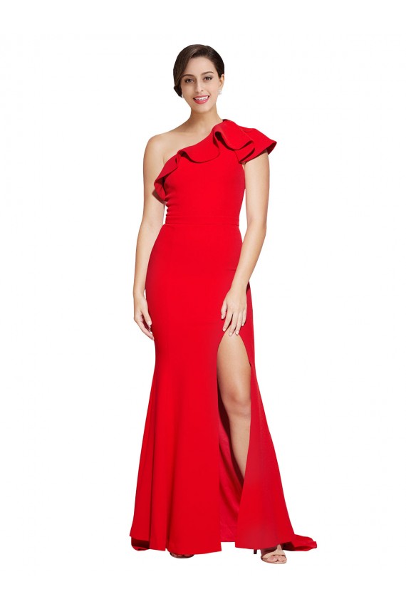 Outlet One Shoulder Long Sweep Train Crepe Prom Dress with Thigh High Split UK