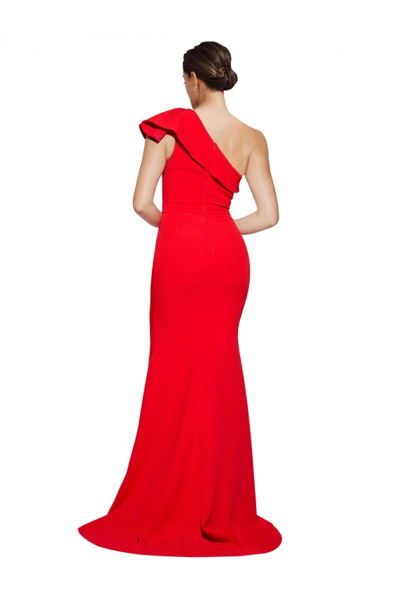 Outlet One Shoulder Long Sweep Train Crepe Prom Dress with Thigh High Split UK