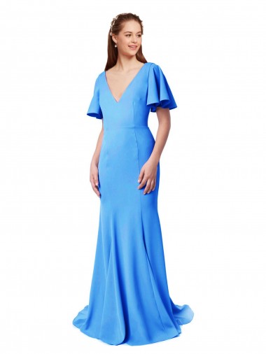 Outlet Short Sleeves Long V-Neck Crepe Prom Dress with V-Back UK