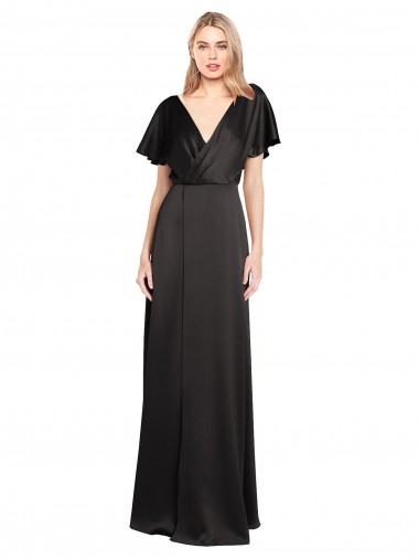 Outlet Cap Sleeves Open Back Long Stretch Satin Prom Dress UK