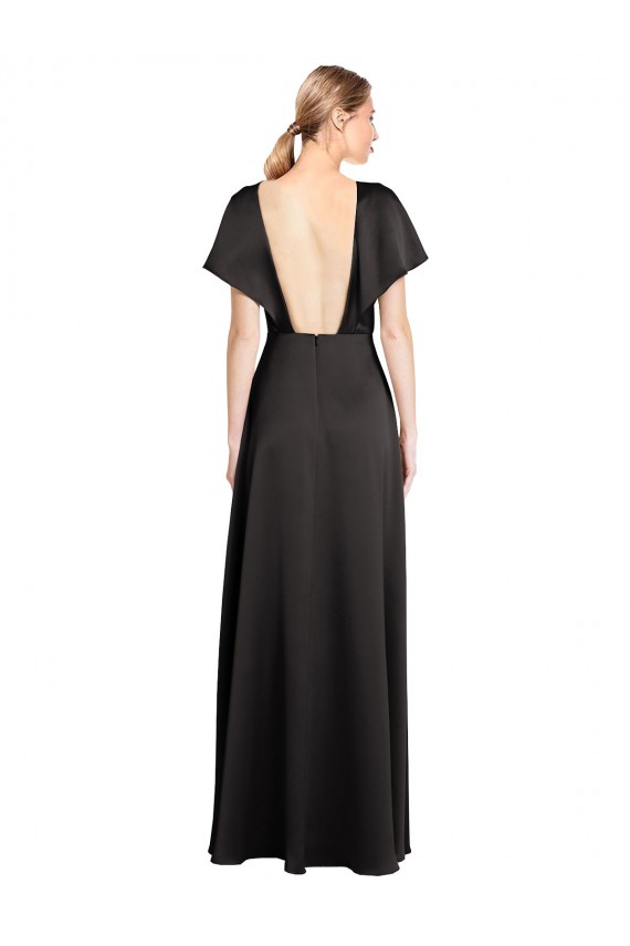 Outlet Cap Sleeves Open Back Long Stretch Satin Prom Dress UK