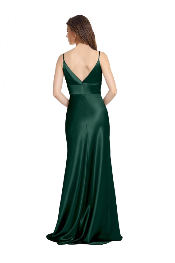 Outlet High V-Neck Long Full Length Sheath Stretch Satin Prom Dress UK