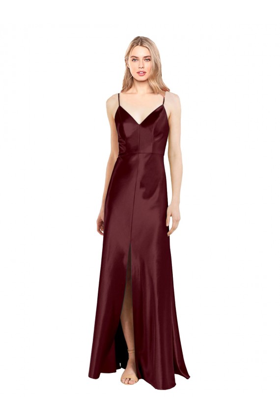Outlet Sleek Spaghetti Straps V-Neck Stretch Satin Prom Dress with Center Front Slit UK