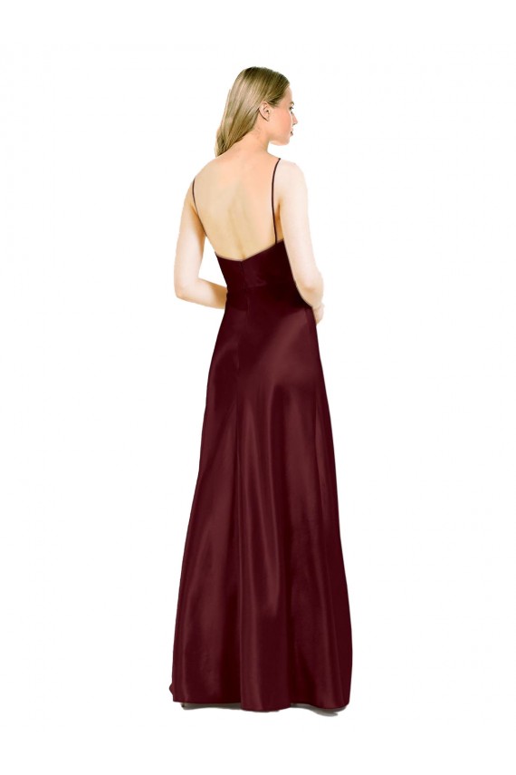 Outlet Sleek Spaghetti Straps V-Neck Stretch Satin Prom Dress with Center Front Slit UK