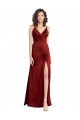 Outlet Faux Surplice Neckline Long Slim A-Line Stretch Satin Prom Dress UK