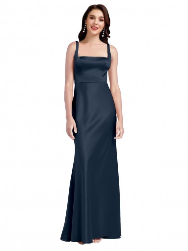 Outlet Square Neck A-Line Long Stretch Satin Prom Dress with Wide Straps UK