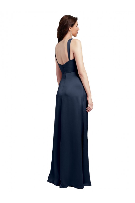 Outlet Cowl Neck Soft Long Stretch Satin Prom Dress with Side Slit and Pleated Straps UK