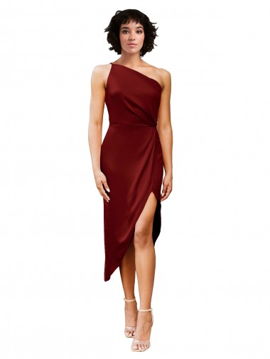 Outlet One Shoulder Midi Length Short Stretch Satin Wrap Style Cocktail Prom Dress / Homecoming Dress UK