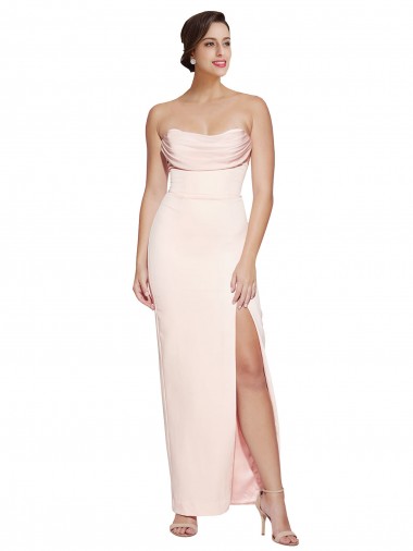 Outlet Cowl Neck Strapless Stretch Satin Prom Dress with High Split UK