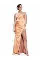 Outlet One Shoulder Ruched Stretch Satin Prom Dress with Thigh High Split UK